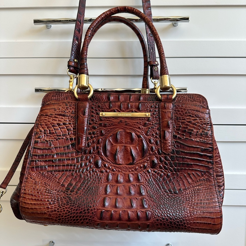 Brahmin Brown Crocodile Embossed Satchel with Gold Accents - Picture 6 of 16